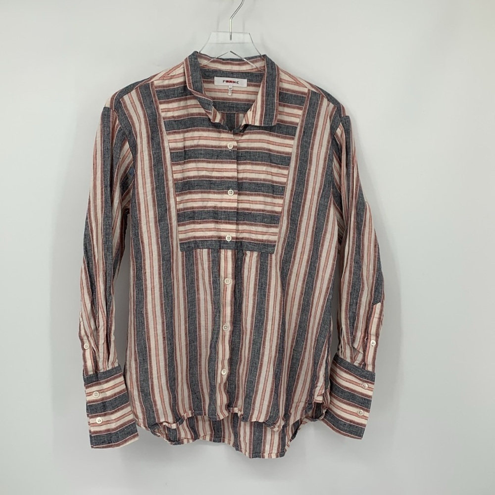 Frame Bib Linen Button Front Striped Blouse Shirt… - image 2